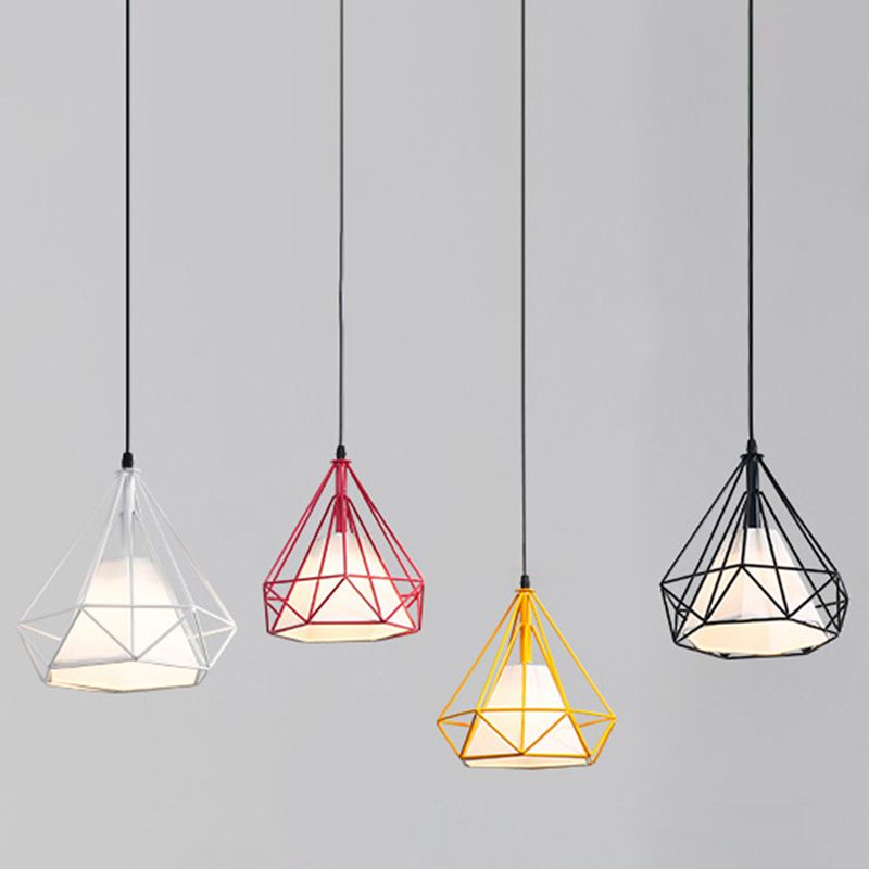 4-Color Optional Metal Cage Hanging Light Single Bulb Diamond Shaped Bedroom Lighting Fixture