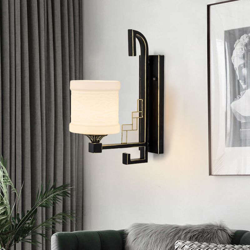 Black 1 Light Wall Mounted Light Traditional Metal Cylinder Sconce for Corridor with Fabric Shade