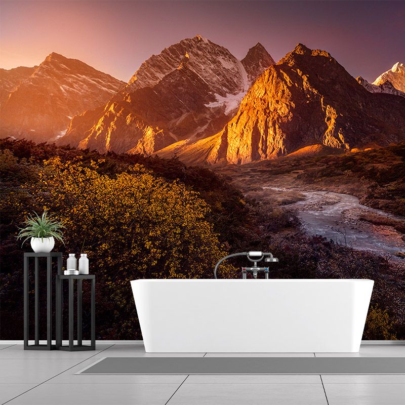Big Sunset Landscape Mural for Home Stream Flowing Across Mountain Wall Covering in Orange, Washable