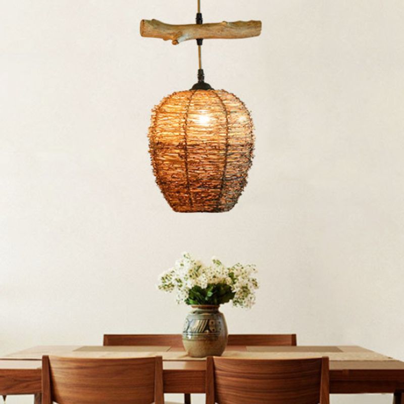 Bola de ratán Luz de lámpara Modern 1 Lámpara de colgación de color marrón claro para comedor