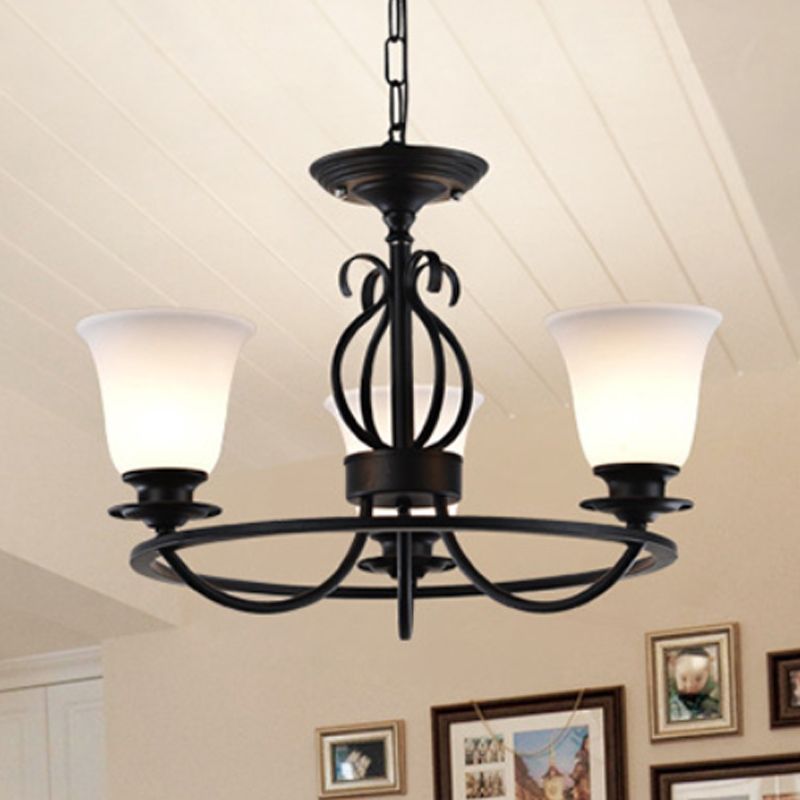 Bell Frosted Glass Chandelier Lighting Traditional 3/6/8 Lights Living Room Pendant Lighting in Black