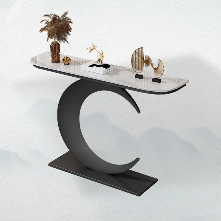 Stain Resistant Console Table with Iron Pedestal Base and Stone Top