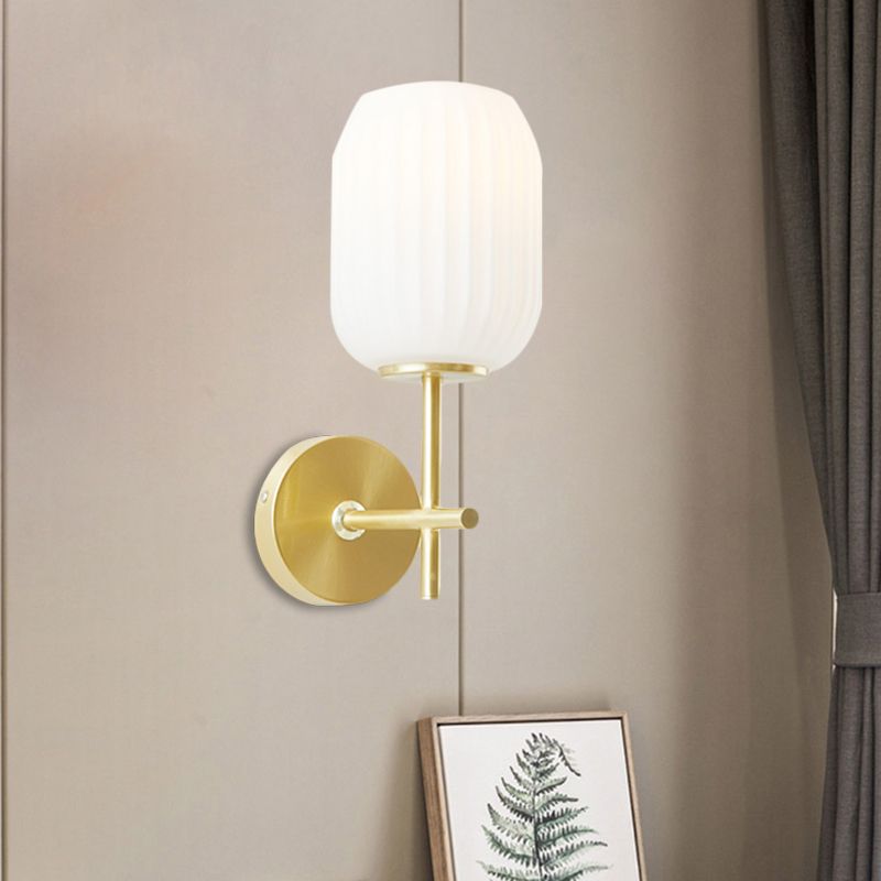 1 Light Bedside Wall Light Fixture Simple Gold Wall Sconce with Lantern Cream Glass Shade