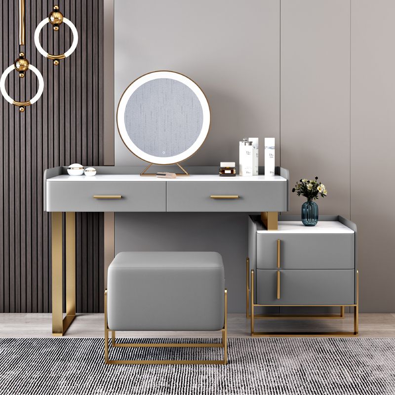 Stone Top Make-up Vanity Gray Solid Wood Vanity Dressing Table Set with 4 Drawers