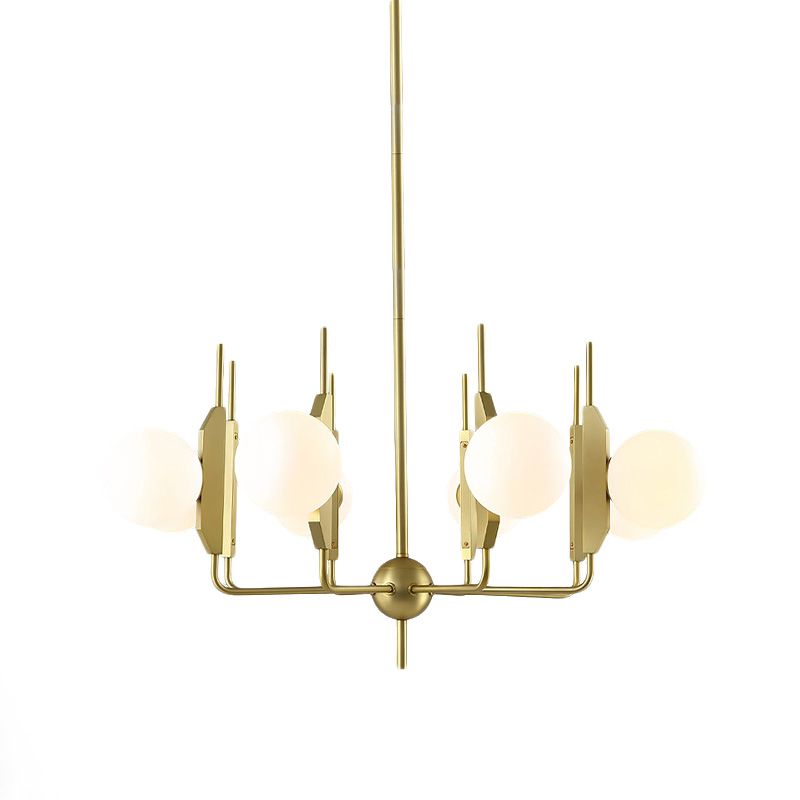 Lampada del lampadario a 8 luci del soggiorno Post Modern Gold Affermazione Gold con sfera di vetro bianco/fumo grigio.