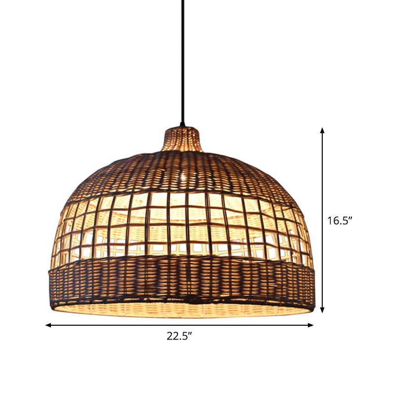 Beige Gridded Bowl Drop Pendant Countryside 1 Bulb Bamboo Ceiling Suspension Lamp over Table