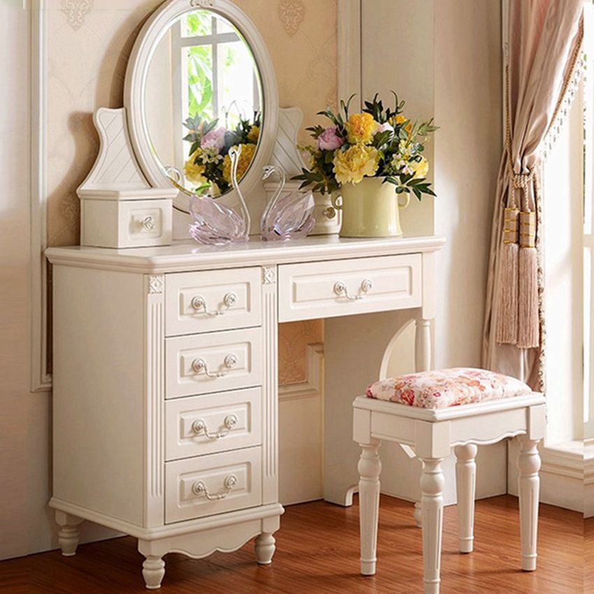 Victorian White Makeup Vanity Desk Bedroom Dressing Table Stool Set with Drawer