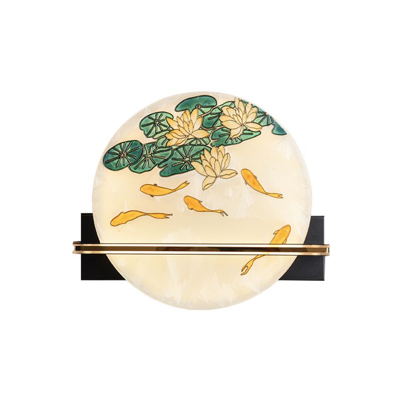 Black Rounded Wall Mural Lamp Oriental Style LED Acrylic Wall Mounted Light with Elk Deer/Fish Pattern