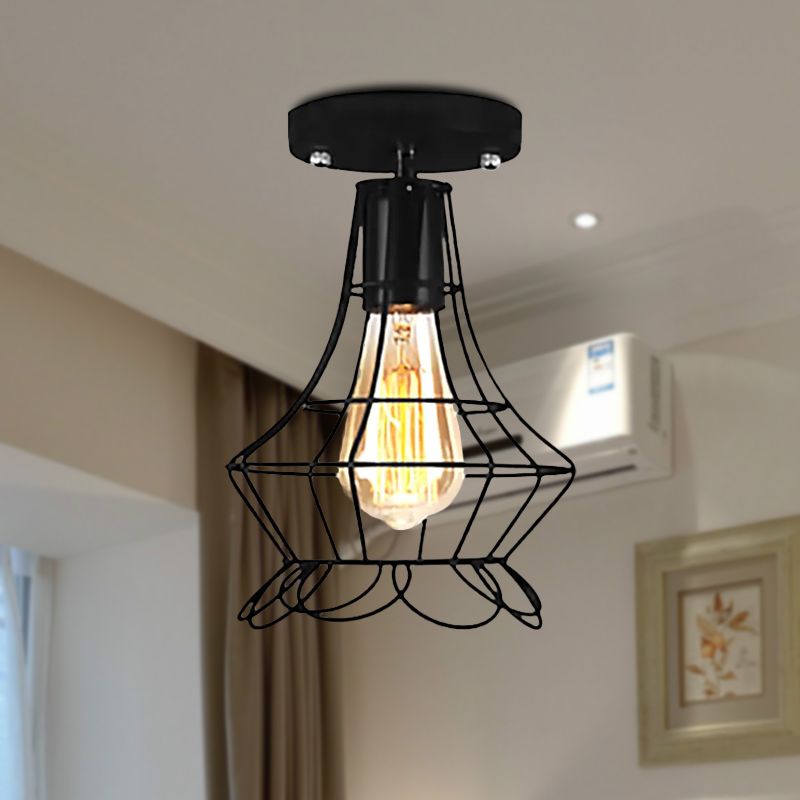 Plafonnier semi-encastré en fer Global/Barrel avec protection en fil de style ferme, plafonnier à 1 lumière pour café, noir