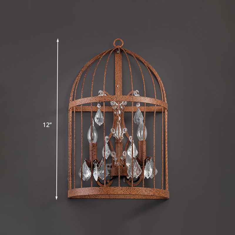 Birdcage Living Room Wall Sconce Industrial Clear Crystal Glass 2 Heads Rust Wall Lighting Fixture