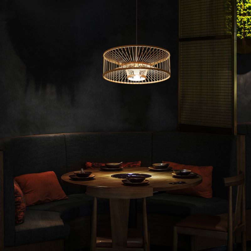 Drum Bamboo Pendant Lighting Contemporary Single-Bulb Wood Suspension Light Fixture