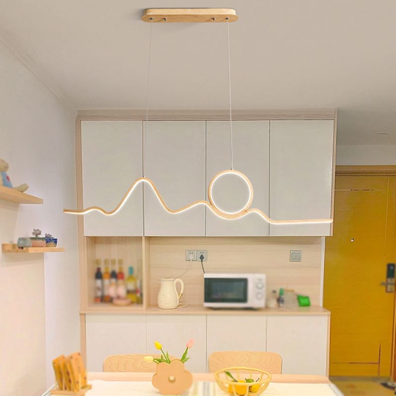 2-Light Modern Beige Island Lighting Wooden LED Ceiling Light for Dining Room