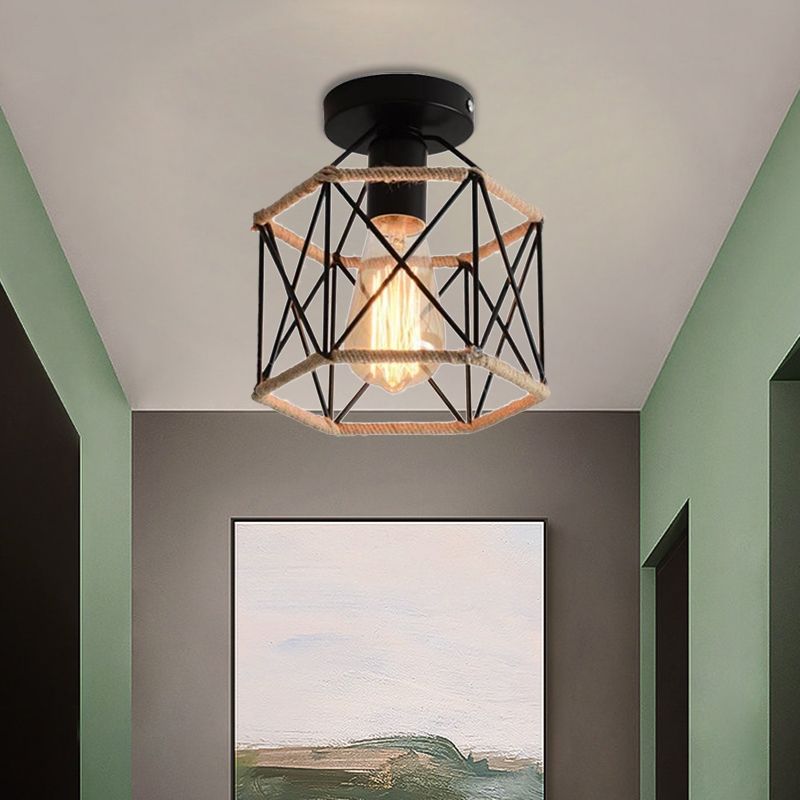 Black 1 Bulb Semi Flush Mount Light Lodge Style Metal and Rope Globe/Diamond Cage Ceiling Fixture for Hallway
