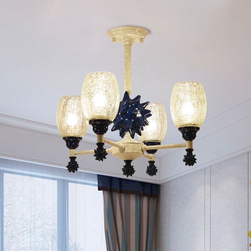 Clear Crackle Glass Cup-Like Pendant Coastal 4-Bulb Gold/Dark Blue Chandelier Lighting with Sea Urchin Design