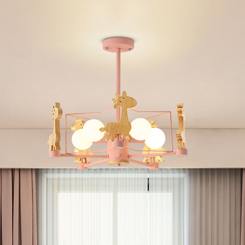 Wooden Giraffe Ceiling Fixture Kids 5 Lights Grey/Pink/Green Semi Flush Mount Light with Star Iron Frame