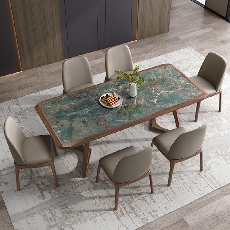 Modern Brown Finish Legs Dining Site Table Stone Top Double Pedestal Table