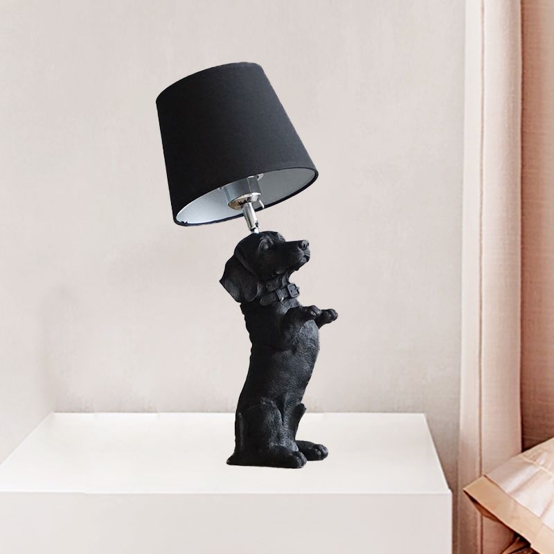 1 Bulb Fabric Night Table Light Traditional Black Drum Bedroom Nightstand Lamp with Resin Dog Base