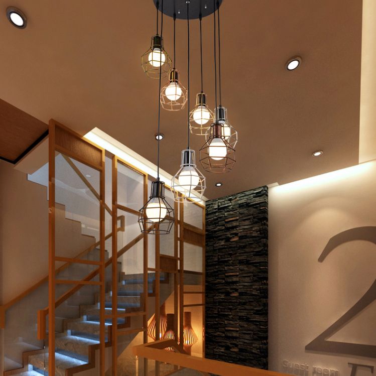 Black Multi Pendant Light Fixture Vintage Metal Wire Cage Multi Light Pendant Lighting
