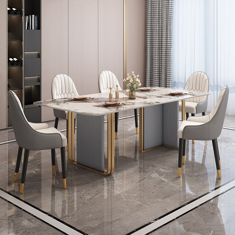 Modern Sintered Stone Table Set for 4/6 with Rectangle Table Dining Set with Gold Double Pedestal