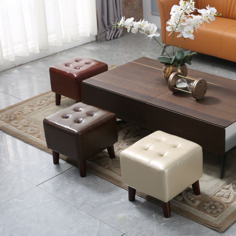 Pure Color Square Standard Modern Wine Red Leather Ottoman for Living Room