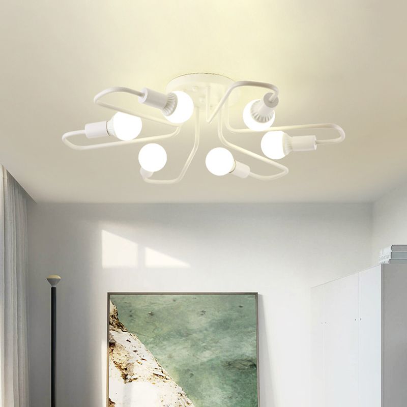 Loft Industrial Exposed Semi Flush Light Fixture 4/6-Head Metallic Ceiling Light Fixture in Black/White for Living Room