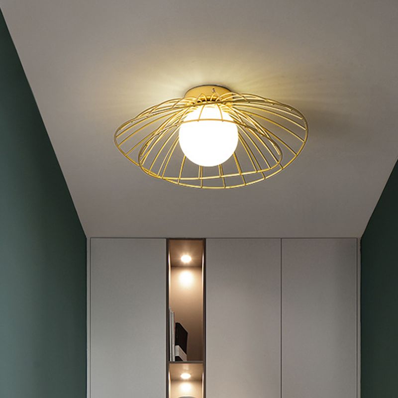 Iron Wire Saucer Shaped Flush Light Modern 1-Light Small Ceiling Mount Light with Ball White Glass Shade