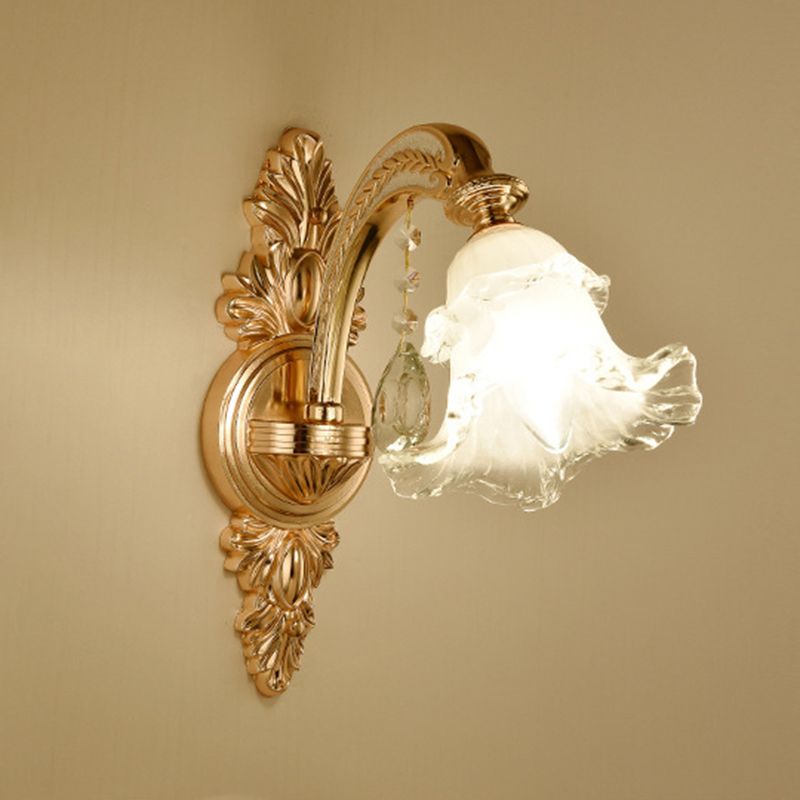 Gold Floral Wall Light Fixture Vintage Glass Living Room Wall Mounted Lamp with Crystal Accent