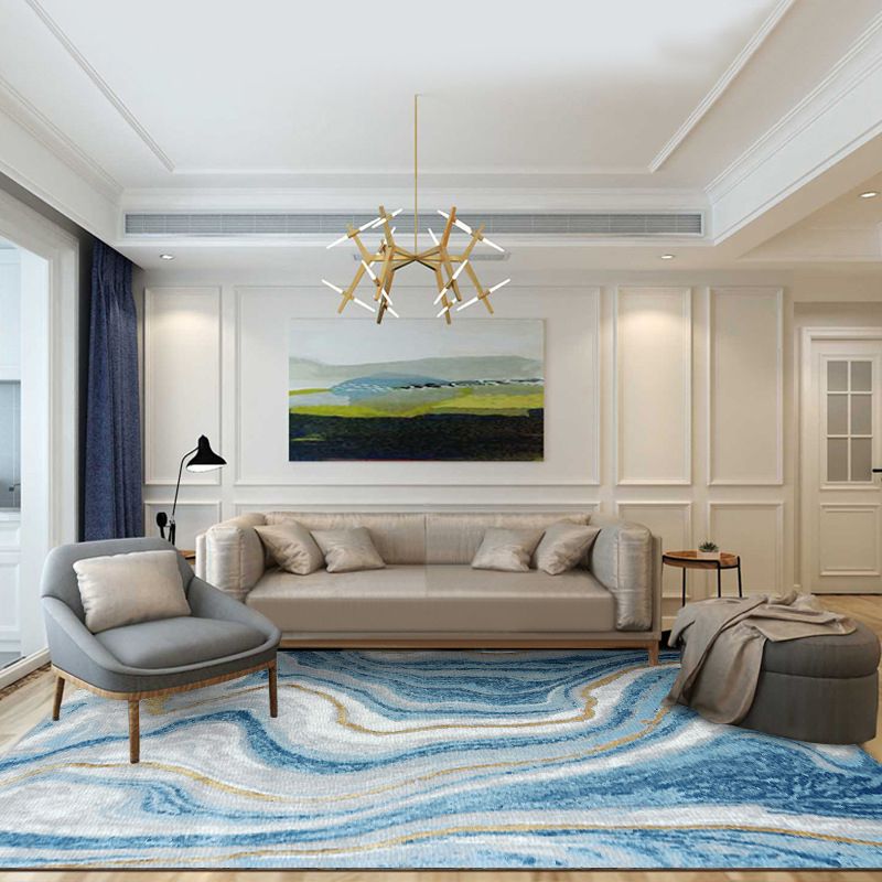 Scandinavian Modern Rug in Blue Abstract Water Wave Pattern Rug Polyester Washable Non-Slip Carpet for Home Decoration