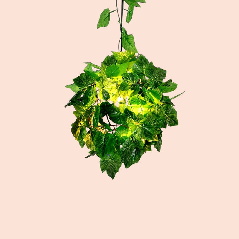 Black Single-Bulb Hanging Light Loft Iron Spherical Ceiling Pendant with Orange/Green/Light Green Art Vine