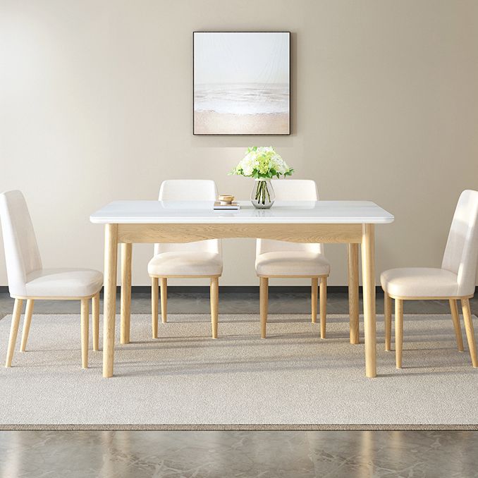 Contemporary Rectangular White Glass Dining Table with Solid Wood Legs