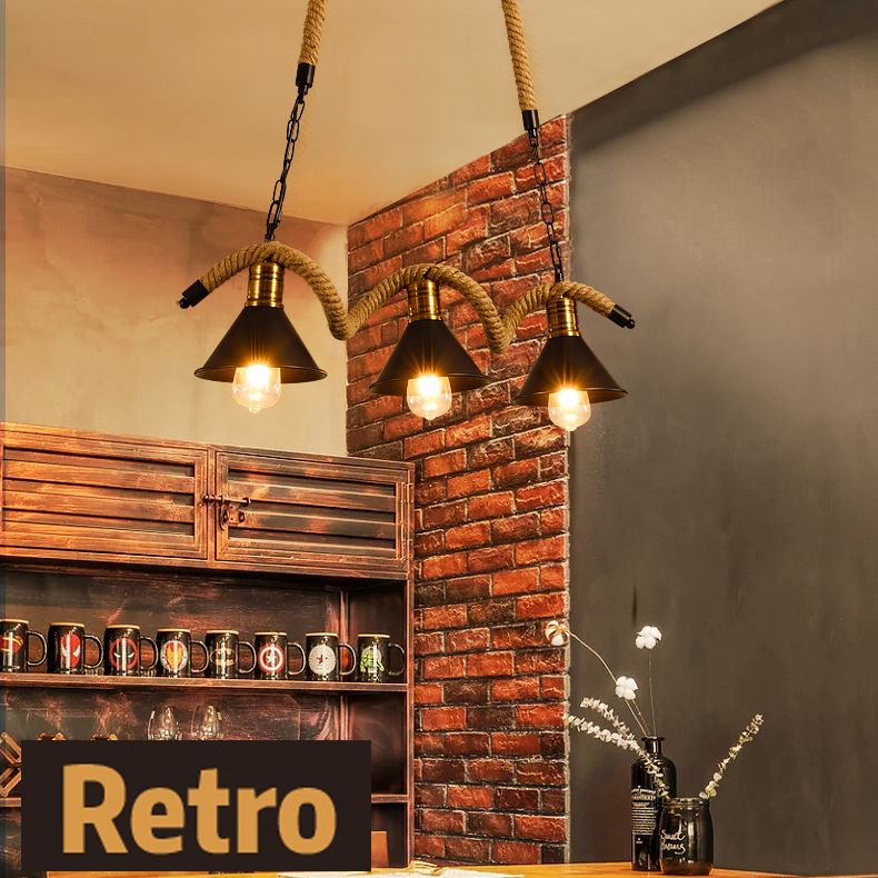 Schmiedeeisen schwarzes Insel Anhänger Licht im industriellen Vintage -Stil Hanfseildecke für Café