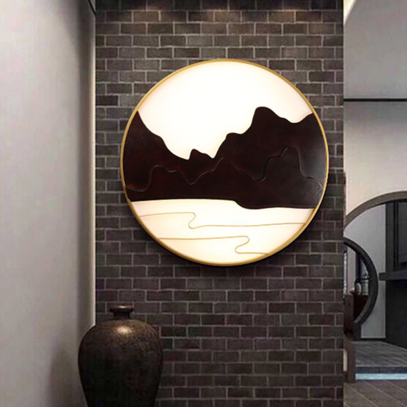 Mountain Silhouette Wall Mural Light Asian Wooden Black LED Sconce Lighting for Tearoom