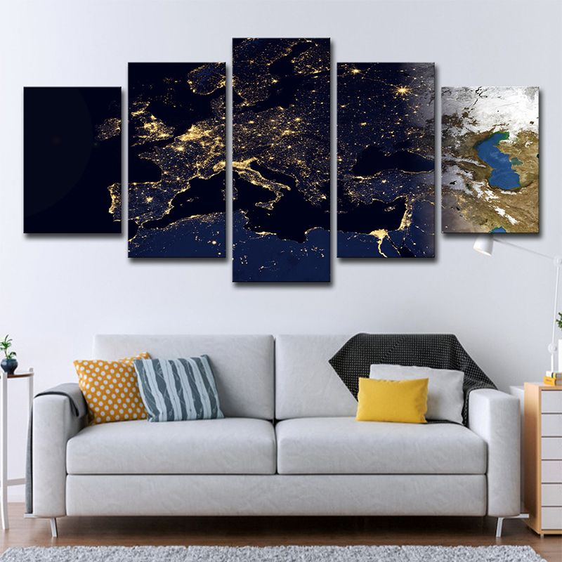 Gold World Map Canvas Print Multi-Piece Contemporary House Interior Wall Art on Black