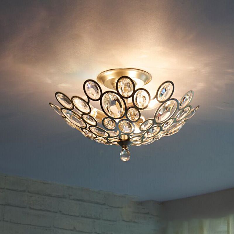 Silver Dome Ceiling Flush Mount Modernism Hand-Cut Crystal 3 Heads Corridor Semi Flush Light Fixture