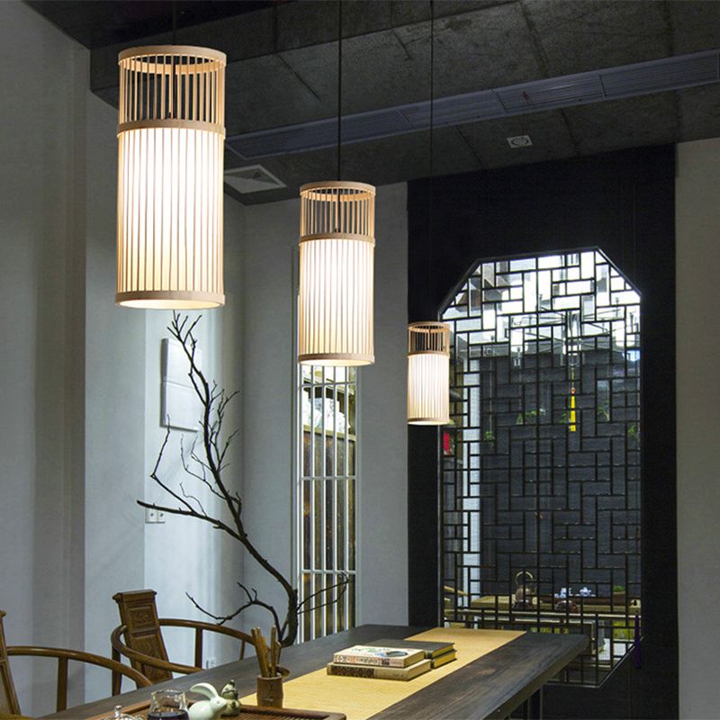 Einfacher 1-Licht-Anhänger Licht, Zylinder Bambuskäfig Schatten Anhängerlampe für das Restaurant