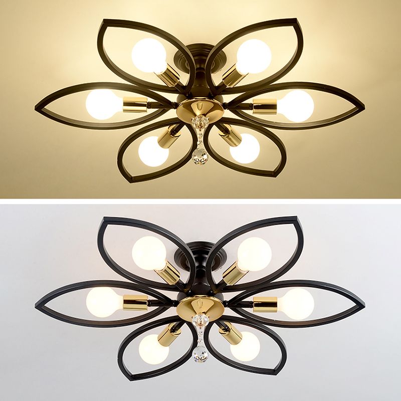 Floriated Semi Flush Mount in Industrial Retro Style Bare Bulb Metal Ceiling Light in Black
