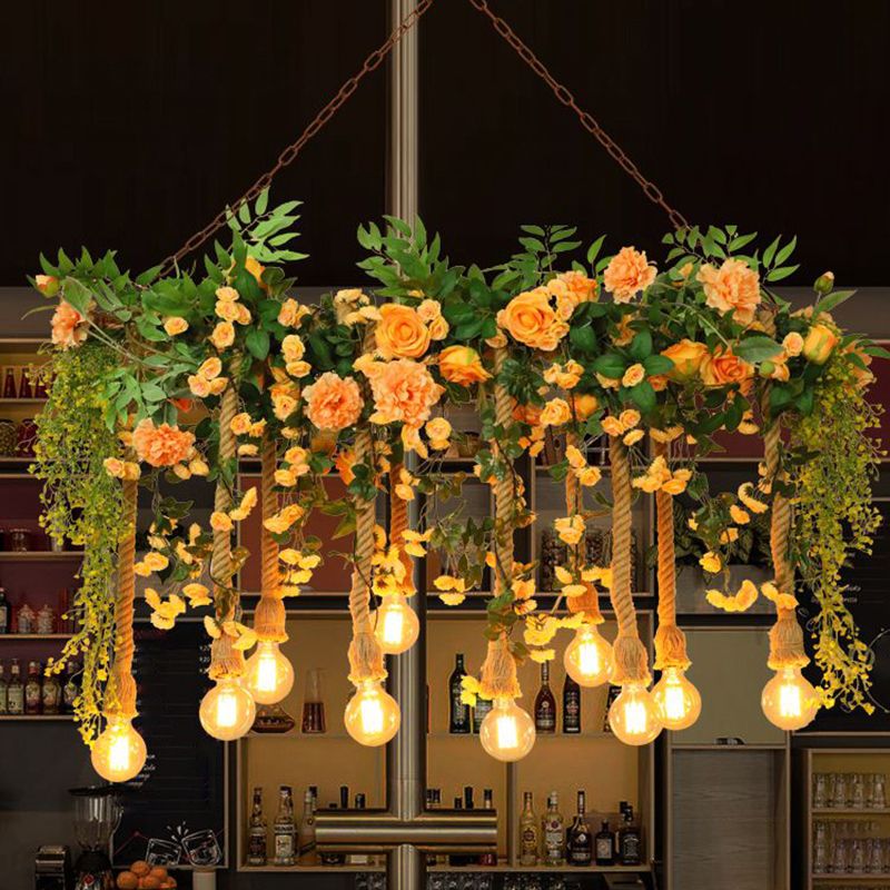 Hemp Rope Island Lighting Cottage Pink Flower and Vine Dining Room Pendant Light