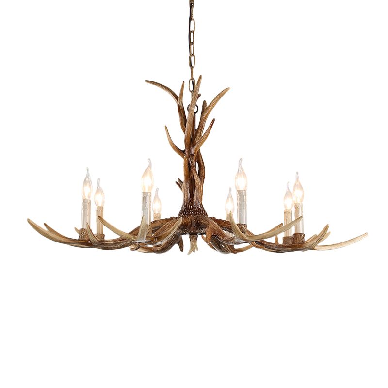 Brown 8 têtes de fourchette de bois suspendu Lodge Resin Bare Bulb Design Plafond Chandelier