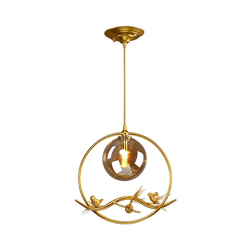 Brass Ring Hanging Pendant Mid-Century Single Bulb Metal Ceiling Lamp with Amber/Smoke Grey Glass Shade and Bird Deco