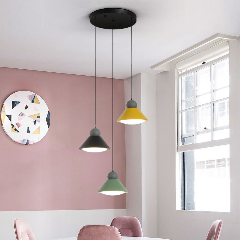 Macaron Conical Multi-Light Pendant Metal Metal LED Drop Light for Dining Room