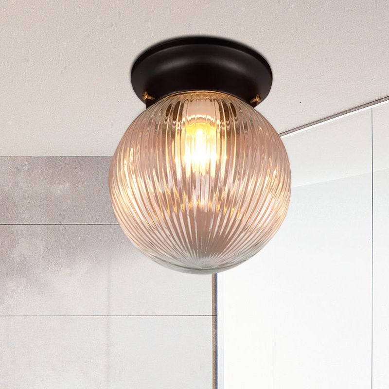 One Light Globe Flush Mount Black/Clear Industrial Ribbed/Opal/Prismatic Glass Lighting Fixture, 6"/6.5" Wide