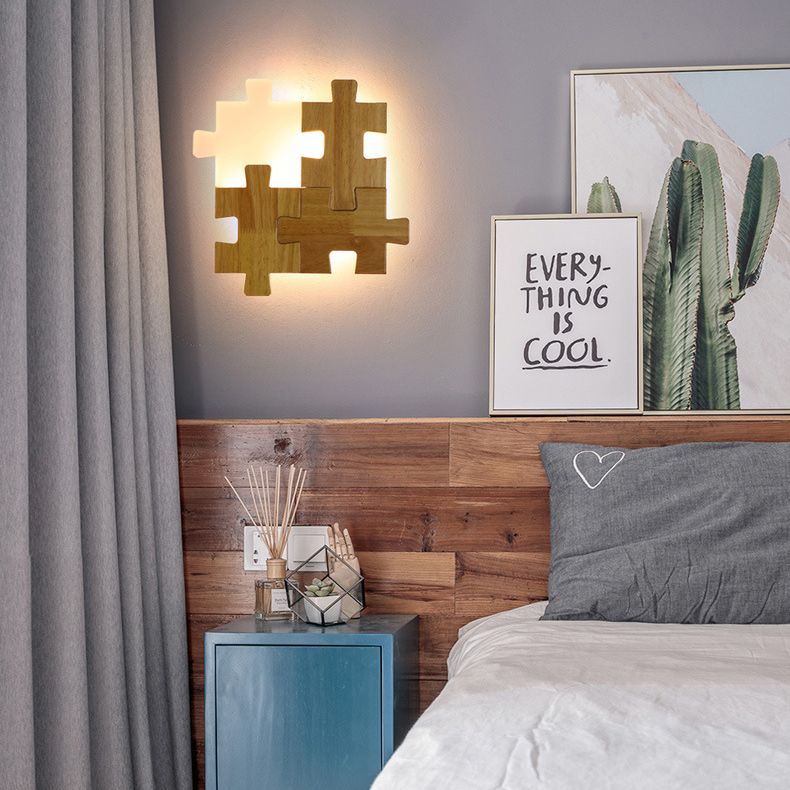 Creative Puzzles-shaped LED Wall Lamp Nordic Minimalism Rubber Wood Home Decorative Sconce Lights for Bedroom