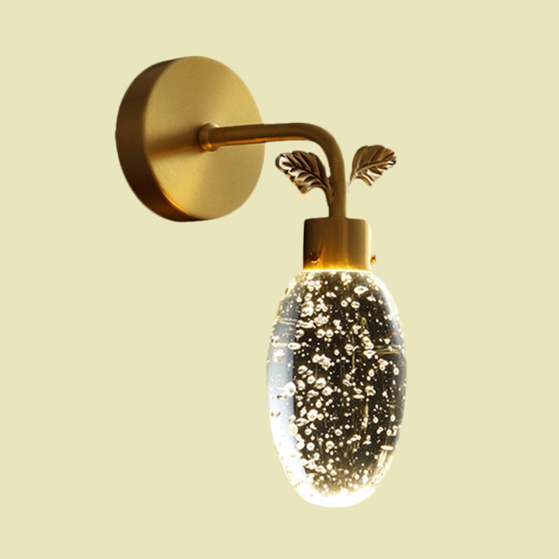 LED Wall Sconce Lighting Fixture Modern Oval Clear Seeded Crystal Bedroom Wall Light in Gold with Leaf Design