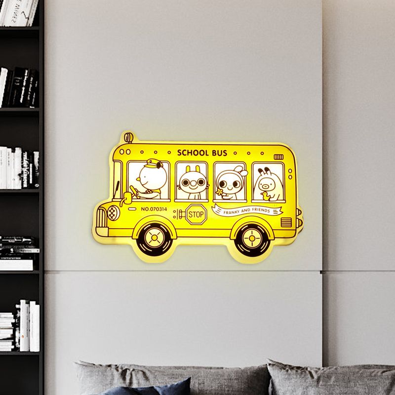 Éclairage d'éclairage en forme de bus jaune Carton de dessin animé LED Mur en plastique Lampe avec motif d'animaux