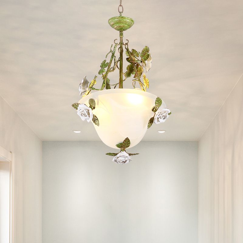 White Glass Bell Shape Pendant Chandelier American Flower Dining Room Hanging Light in Green