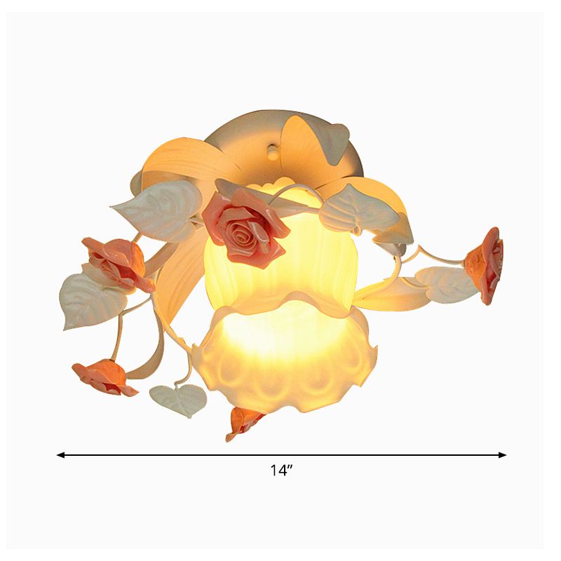 1 Light Ruffle Semi Flush Mount Lamp Korean Garden White Frosted Glass Flush Ceiling Light with Flower Deco