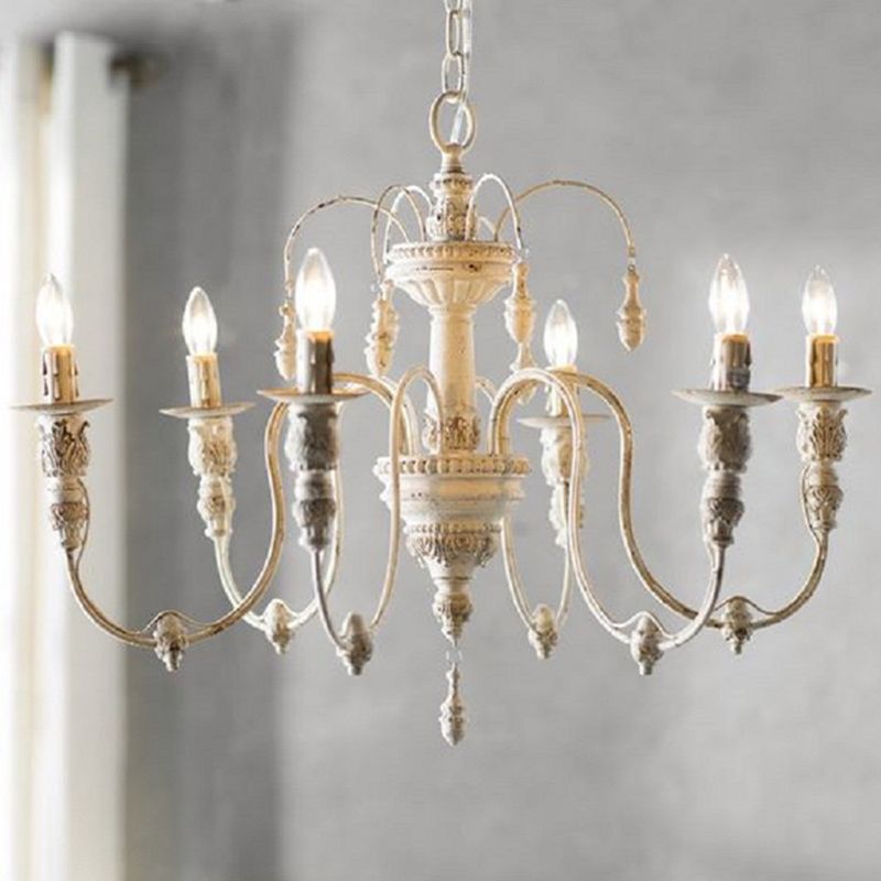 Hand Carving Aged Solid Wood Chandelier 6-light Rustic Style Candlestick Design Lighting Fixture for Coffee Shop