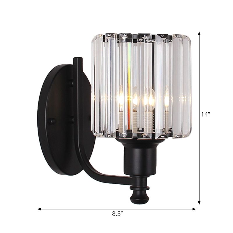 Modernist Cylinder Wall Light Clear Crystal 1 Head Bedroom Wall Mounted Light with Curved Arm in Black/Gold