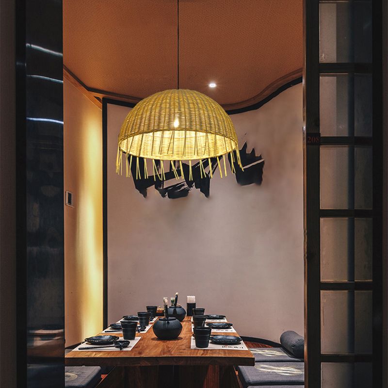 Minimalist Dome Suspension Lighting Rattan 1 Head Restaurant Pendant Ceiling Light in Wood