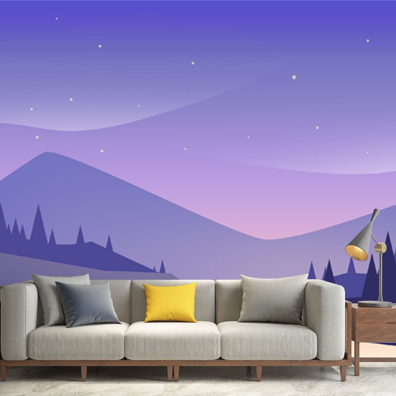 Full Size Road Curve Murals Wallpaper Modern Serene Starry Sky Wall Decor in Purple